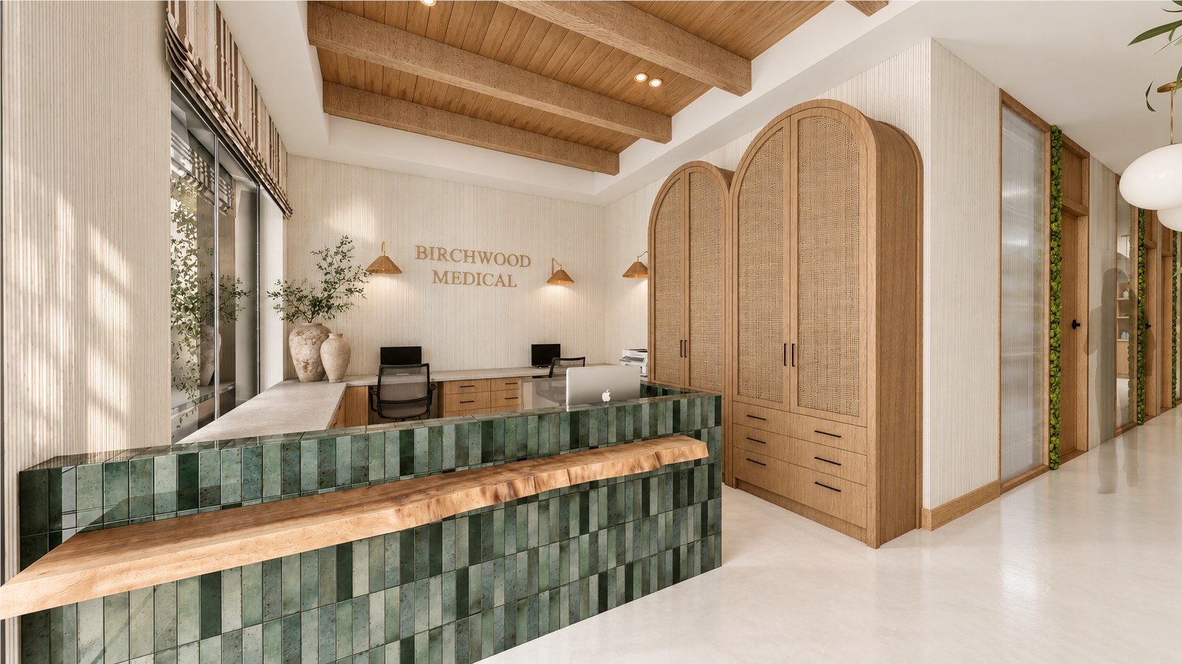 Birchwood Clinic — Design Concept — View 2 Birchwood Clinic reception concept with a green tiled desk, timber counter and arched doors