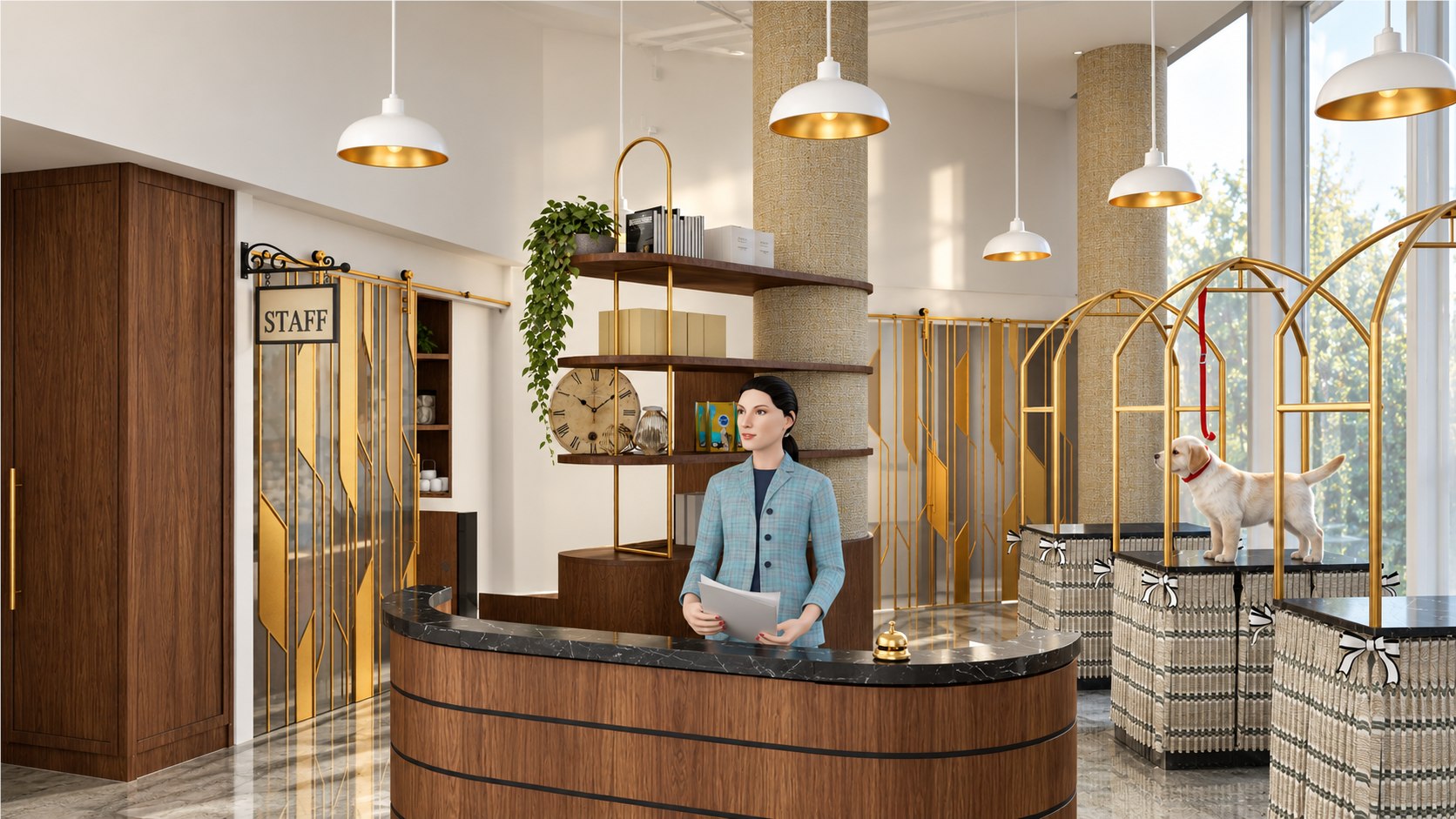 Fur Seasons Grooming — Design Concept — View 2 Fur Seasons Grooming reception concept with a curved timber desk and brass grooming stations