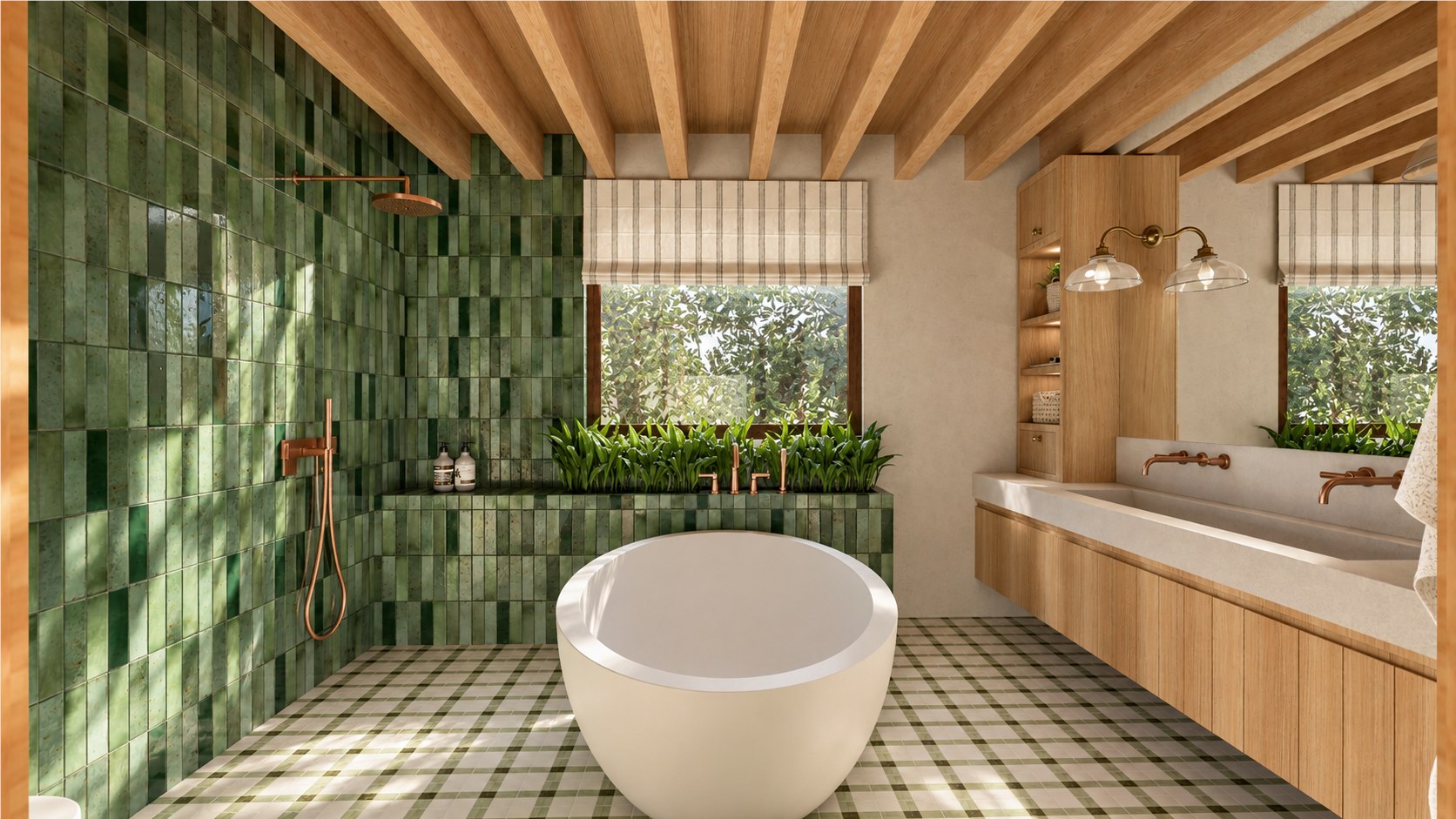 Island Residence — Design Concept — View 2 Island Residence bathroom concept with a freestanding tub, green shower tiles and timber ceiling beams