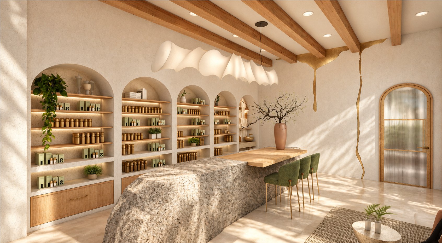 Naor Skincare — Design Concept — View 1 Naor Skincare concept showing arched display niches and a curved stone reception counter