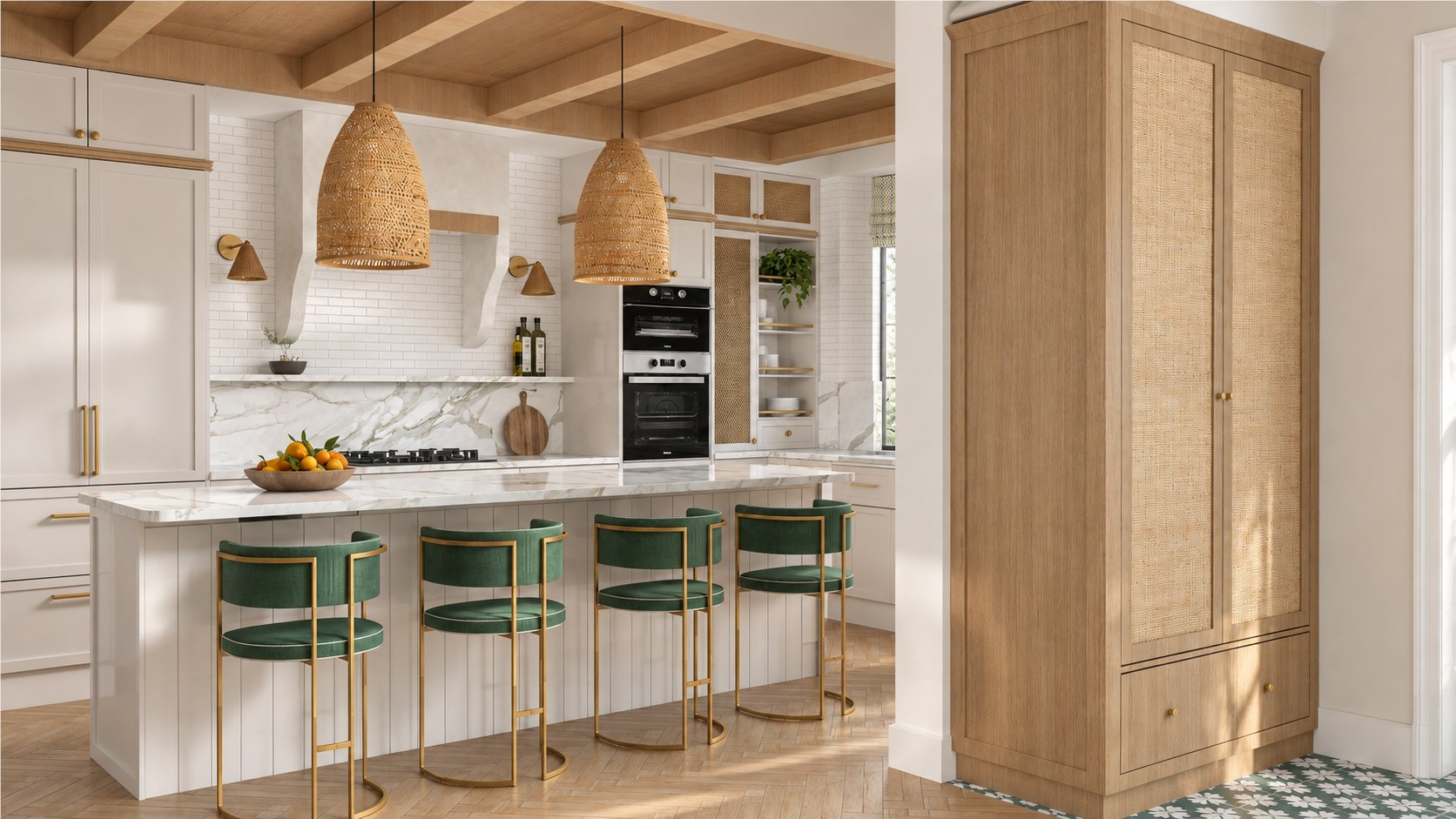 Shaughnessy Multi-Residential — Design Concept — View 4 Shaughnessy kitchen concept with white counters, timber cabinets and green stools